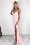 Pink Satin Mermaid Long Spaghetti Straps Sleeveless Slit V-Neck Cheap Prom Dress