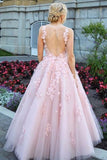 Pink Scoop Lace Appliques Prom Dresses with Tulle Open Back Beads Formal Dresses P1094 Rjerdress