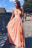 Pink Spaghetti Strap V Neck Simple Long Split Front Chiffon Evening Dress Prom Dresses RJS557