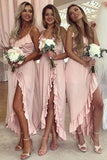 Pink Spaghetti Straps Sweetheart High Low Chiffon Bridesmaid Dresses Rjerdress