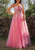 Pink Spaghetti Straps Tulle Applique Prom Dresses Modest Long Evening Gowns For Formal Women Gown RJS73 Rjerdress