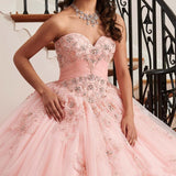 Pink Strapless Lace Applique Beads Ball Gown Quinceanera Dress Rjerdress