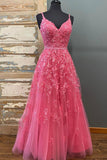Pink Straps Prom Dresses A-Line V-Neck Floor-Length Tulle With Applique & Beaded Rjerdress