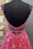 Pink Straps Prom Dresses A-Line V-Neck Floor-Length Tulle With Applique & Beaded Rjerdress