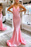 Pink Sweetheart Mermaid Spaghetti Straps Prom Dresses Satin Lace Up Sweep Train Evening Dress