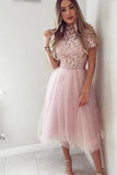 Pink Tea Length Tulle High Neck Short Sleeve Homecoming Dresses Short Cocktail Dress Rjerdress
