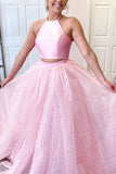 Pink Tulle Halter Two Pieces Long Evening Dress Sexy Prom Dress Rjerdress