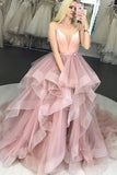 Pink Tulle Spaghetti Straps Ruffles Ball Gown Prom Dresses V Neck Long Evening Dresses P1081 Rjerdress