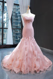 Pink Tulle Strapless Mermaid Long Dresses Sweetheart Prom Dresses RJS169