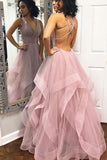 Pink Tulle V Neck Criss Cross Ruffles Long Prom Dress Cheap Evening Dresses RJS599