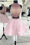 Pink Two Pieces Beads Lace Short Cocktail Dresses Halter Sleeveless Homecoming Dresses H1045