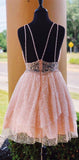 Pink V Neck A Line Beaded Homecoming Dresses Short Tulle Rjerdress