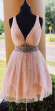 Pink V Neck A Line Beaded Homecoming Dresses Short Tulle