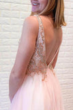 Pink V-Neck Prom Dresses With Beaded Long A-line Tulle Prom Dresses RJS101 Rjerdress