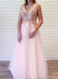 Pink V-Neck Prom Dresses With Beaded Long A-line Tulle Prom Dresses RJS101