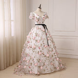 Pink V-neck Long Cheap Beautiful Lace Short Sleeve Flowers Prom Dresses UK Rjerdress