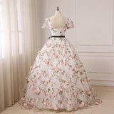 Pink V-neck Long Cheap Beautiful Lace Short Sleeve Flowers Prom Dresses UK Rjerdress