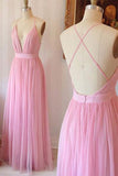 Pink chiffon V-neck cross back long prom dress summer dress Rjerdress