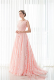 Pink lace round neck A-line long prom dresses for teens graduation dresses Rjerdress