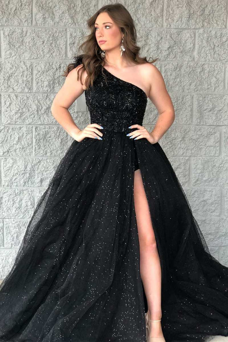 Plus Size A Line Beaded Tulle One Shoulder Long Prom Dress with Slit Rjerdress