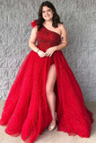 Plus Size A Line Beaded Tulle One Shoulder Long Prom Dress with Slit Rjerdress