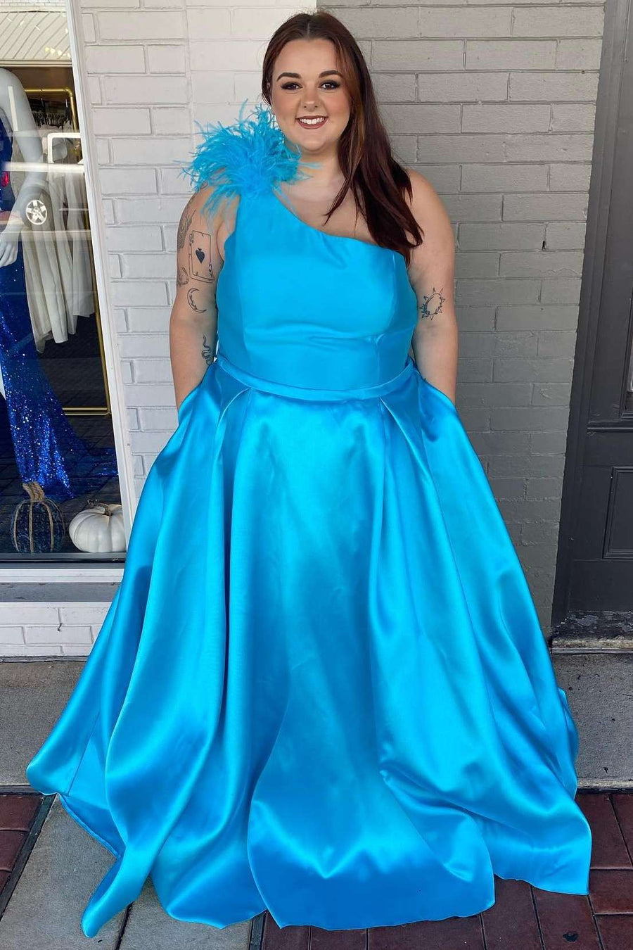 Plus Size A-Line Blue One-Shoulder Feathers Long Prom Dress with Pockets Rjerdress