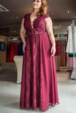 Plus Size A-Line Charming Prom Dresses V Neck Chiffon Floor Length Rjerdress
