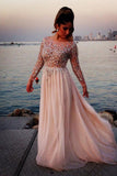 Plus Size A Line Chiffon Prom Dresses Bateau Long Sleeves With Beads & Applique Rjerdress
