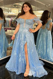 Plus Size A Line Light Blue Feather Slit Long Prom Dress with Appliques