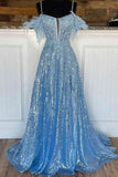 Plus Size A Line Light Blue Feather Slit Long Prom Dress with Appliques Rjerdress