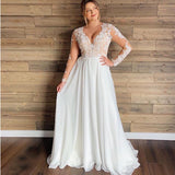 Plus Size A Line Long Sleeve Chiffon V Neck Appliques Wedding Dress With Belt