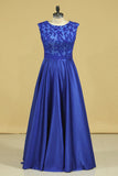 Plus Size A Line Party Dresses Scoop Dark Royal Blue Satin Cap Sleeves Floor-Length Rjerdress