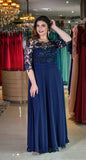 Plus Size A-Line Scoop Neck Long Chiffon Prom Dresses With Appliques Long Sleeves RJS445