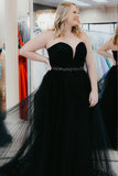 Plus Size A Line Strapless Black Tulle Long Prom Dress with Beading