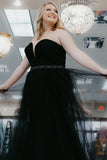 Plus Size A Line Strapless Black Tulle Long Prom Dress with Beading Rjerdress