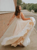 Plus Size A Line V Neck Lace Bodice Prom Dresses Princess Ball Gown Backless Long Formal Dress RJS441 Rjerdress