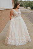 Plus Size A Line V Neck Lace Bodice Prom Dresses Princess Ball Gown Backless Long Formal Dress RJS441 Rjerdress