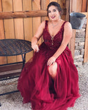 Plus Size A Line V Neck Tulle Prom Dresses With Beads