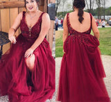 Plus Size A Line V Neck Tulle Prom Dresses With Beads Rjerdress