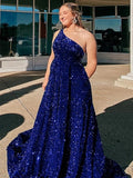 Plus Size A-Line Velvet Sequins Ruffles One Shoulder Sleeveless Prom Dresses