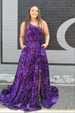 Plus Size A-Line Velvet Sequins Ruffles One Shoulder Sleeveless Prom Dresses Rjerdress