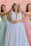 Plus Size A-Line White Sequin V-Neck Backless Prom Dress