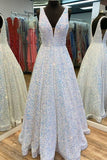 Plus Size A-Line White Sequin V-Neck Backless Prom Dress Rjerdress