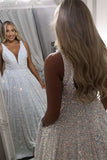 Plus Size A-Line White Sequin V-Neck Backless Prom Dress Rjerdress