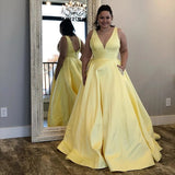Plus Size A Line Yellow Satin V-Neck Beading Pocket Prom Dresses Long Backless Rjerdress