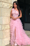 Plus Size Ball Gown Lace One Shoulder Multi-Tiered  Prom Dress with Ruffles Rjerdress