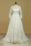 Plus Size Bateau Bridal Dresses 3/4 Length Sleeve With Applique Tulle