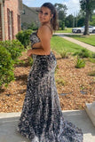 Plus Size Black Sequin V-Neck Cutout Mermaid Long Prom Dress with Slit Rjerdress