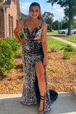 Plus Size Black Sequin V-Neck Cutout Mermaid Long Prom Dress with Slit