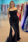 Plus Size Black Sequins Strapless Mermaid Long Prom Dress with Slit Rjerdress